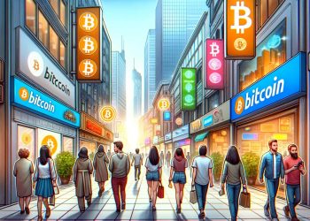 DALL·E 2024-01-11 17.35.43 - A bustling city street lined with various physical stores, each with a distinct sign indicating they accept Bitcoin. People of diverse appearances are