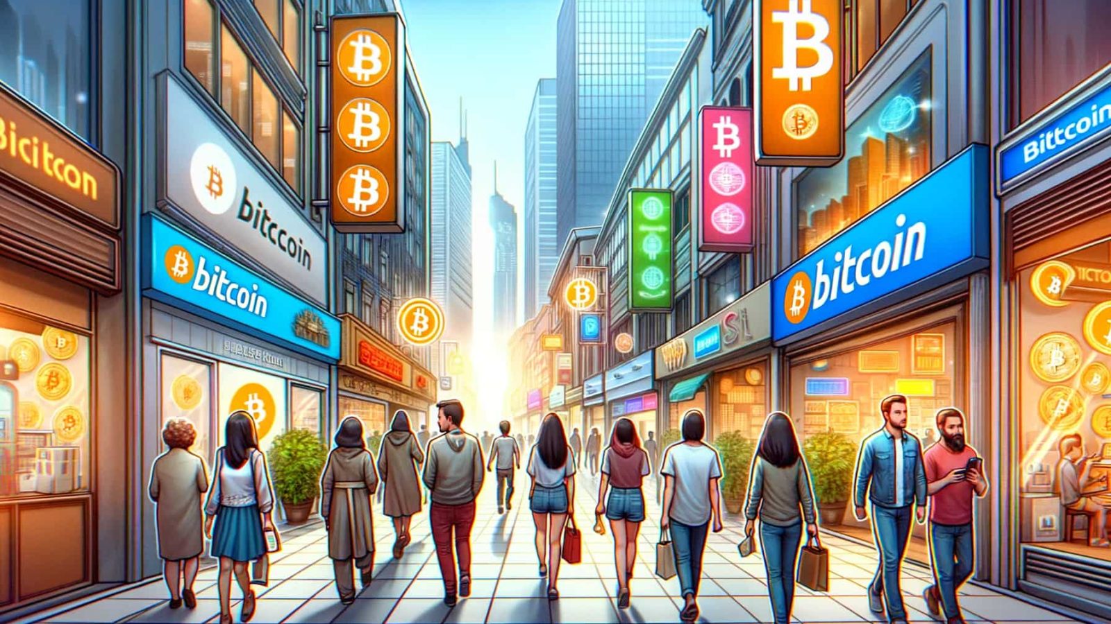 DALL·E 2024-01-11 17.35.43 - A bustling city street lined with various physical stores, each with a distinct sign indicating they accept Bitcoin. People of diverse appearances are