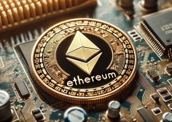 DALL·E 2024-09-12 11.17.05 - A close-up view of a golden coin with a symbol resembling a diamond shape (similar to Ethereum) placed on a computer motherboard. The coin has the wor