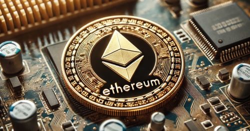 DALL·E 2024-09-12 11.17.05 - A close-up view of a golden coin with a symbol resembling a diamond shape (similar to Ethereum) placed on a computer motherboard. The coin has the wor