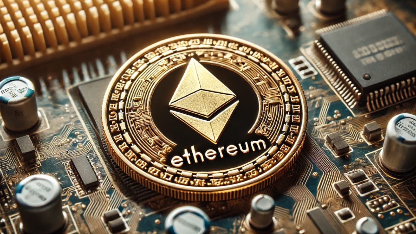 DALL·E 2024-09-12 11.17.05 - A close-up view of a golden coin with a symbol resembling a diamond shape (similar to Ethereum) placed on a computer motherboard. The coin has the wor