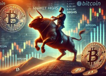 DALL·E 2024-12-23 11.12.45 - A realistic depiction of a cryptocurrency beginner riding a powerful bull, charging toward the peak of a financial market chart that symbolizes market