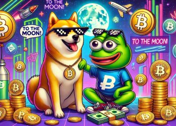 DALL·E 2025-01-02 01.19.23 - A humorous and vibrant digital art of Dogecoin's dog (Shiba Inu) and Pepe the Frog as best friends, surrounded by playful cryptocurrency icons and sta