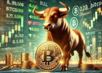 DALL·E 2025-02-08 14.31.19 - A realistic-style image featuring a strong bull symbolizing a bull market, standing confidently but with a slightly uncertain expression. A large Bitc